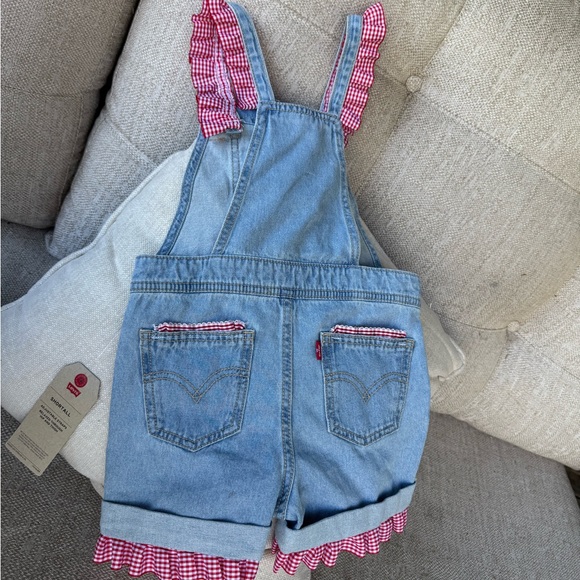 Levi's Customized Blue Overalls with Hand-sewn Red and White Strawberry Details - Picture 3 of 16